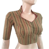 Woven  Handloom Cotton Striped  Highneck Blouse,  Beige,  BH1137