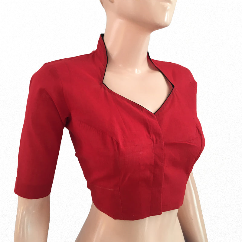 Handloom South Cotton Highneck Blouse, Red, BH1152