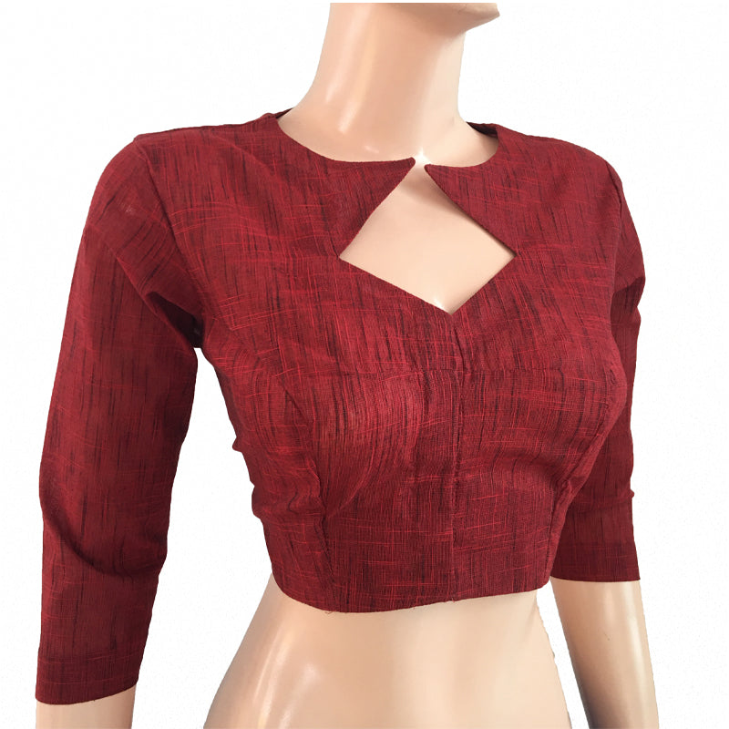 Slub Cotton Roundneck Blouse, Maroon, BH1168