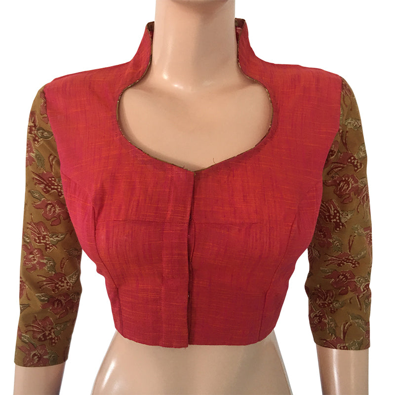 Woven Cotton Highneck Blouse with Kalamkari Sleeves, Peach, BH1182