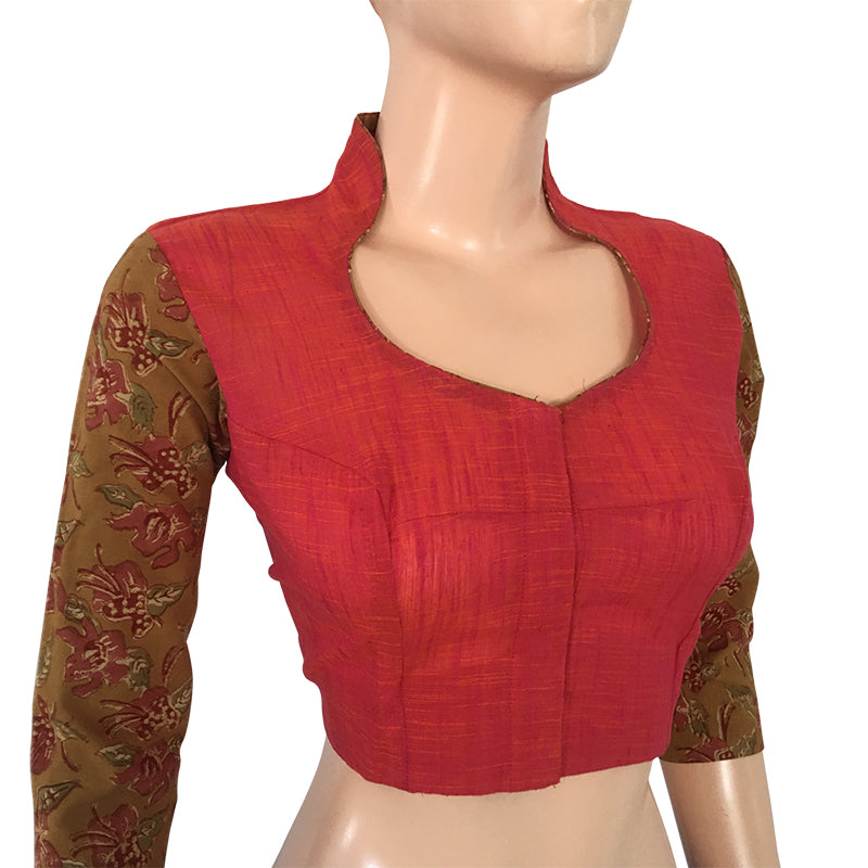 Woven Cotton Highneck Blouse with Kalamkari Sleeves, Peach, BH1182