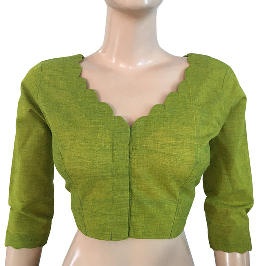 Slub Cotton Scallop V neck Blouse with Lining , Light Green, BH1205