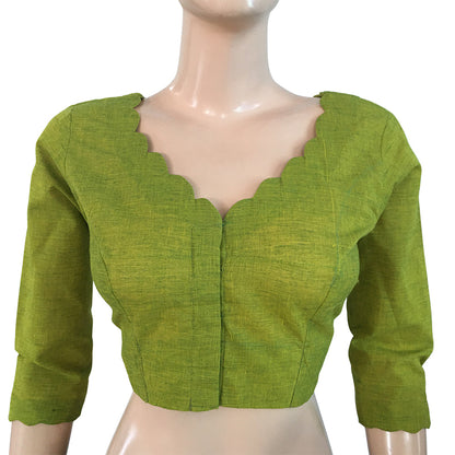 Slub Cotton Scallop V neck Blouse, Light Green, BH1205