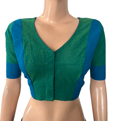 Woven Slub  Cotton V neck Blouse,  Green - blue,  BH1222
