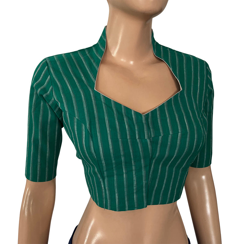 Woven Slub  Cotton Striped Highneck Blouse with Lining,  Teal Green,  BH1223