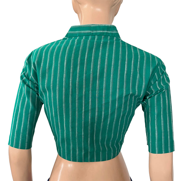 Woven Slub  Cotton Striped Highneck Blouse with Lining,  Teal Green,  BH1223