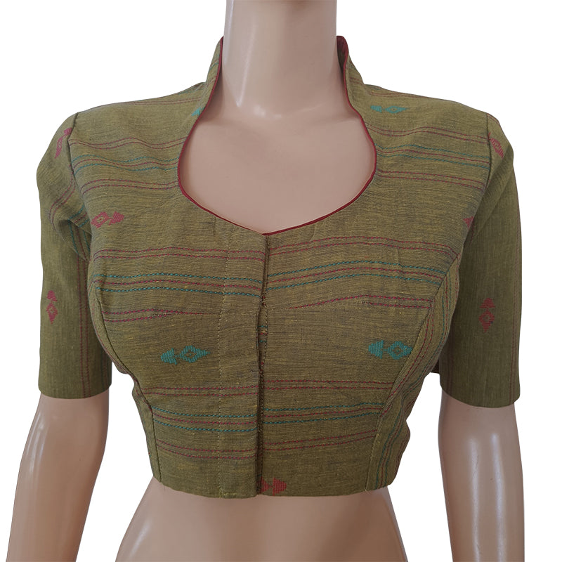 Handloom Jacquard Highneck Blouse with Lining,  Olive Green,  BH1227