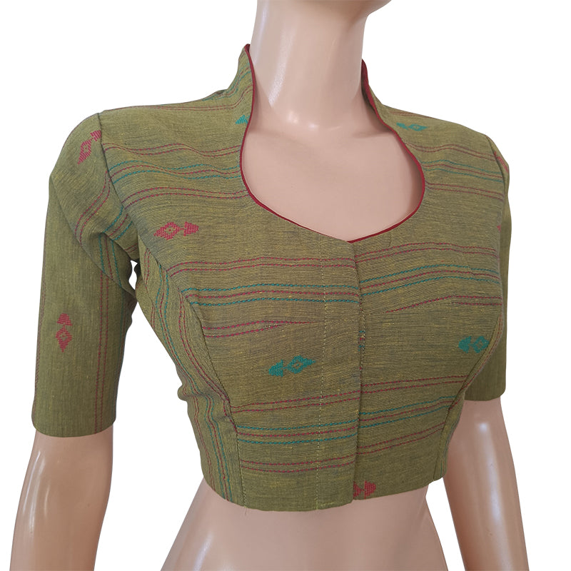 Handloom Jacquard Highneck Blouse with Lining,  Olive Green,  BH1227