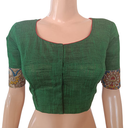 Woven Slub Cotton Roundneck Blouse with Kalamkari Parches & Potli Button Details,  Bottle Green  BH1232