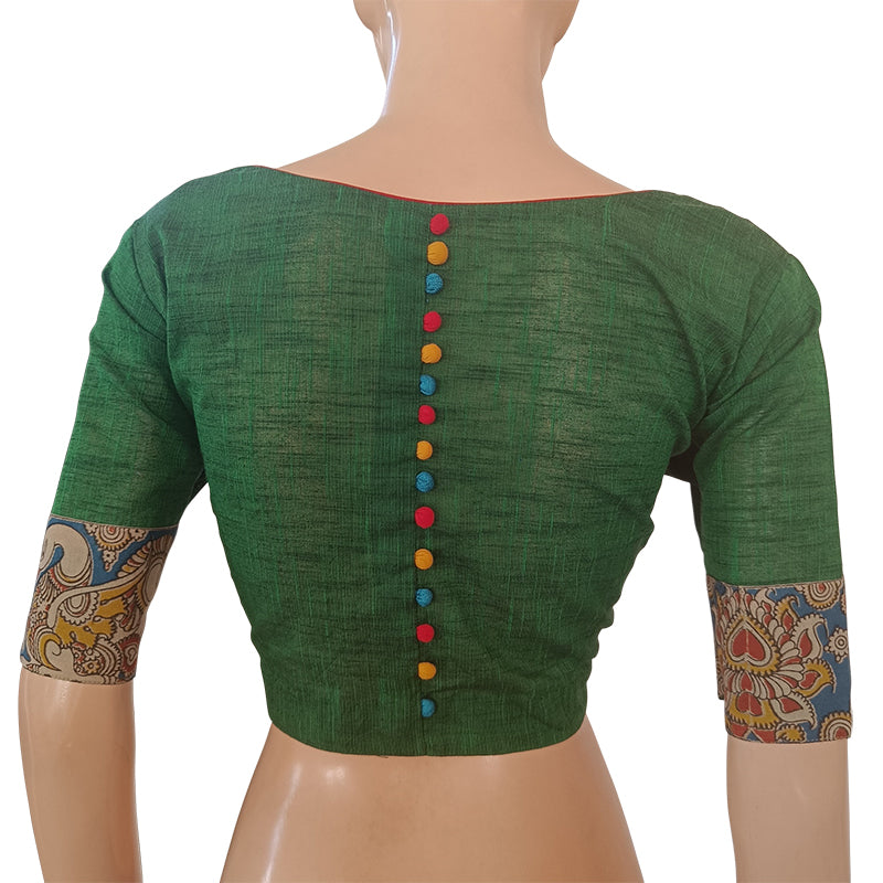Woven Slub Cotton Roundneck Blouse with Kalamkari Parches & Potli Button Details,  Bottle Green  BH1232
