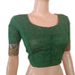 Woven Slub Cotton Roundneck Blouse with Kalamkari Parches & Potli Button Details,  Bottle Green  BH1232
