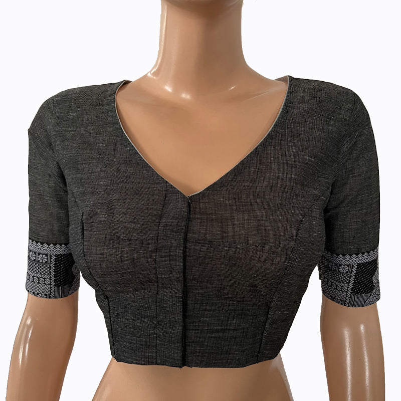 Mangalgiri  Cotton V neck Blouse with Woven Thread Border,  Grey,  BH1233