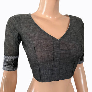 Mangalgiri  Cotton V neck Blouse with Woven Thread Border and Lining , Grey,  BH1233
