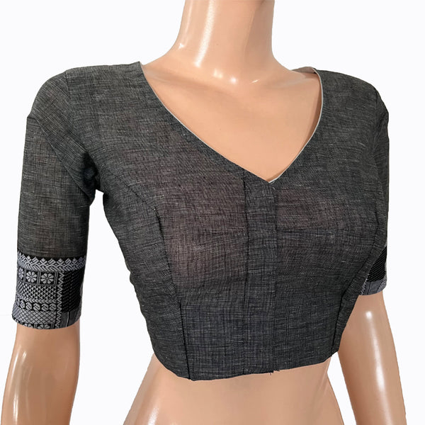 Mangalgiri  Cotton V neck Blouse with Woven Thread Border and Lining , Grey,  BH1233