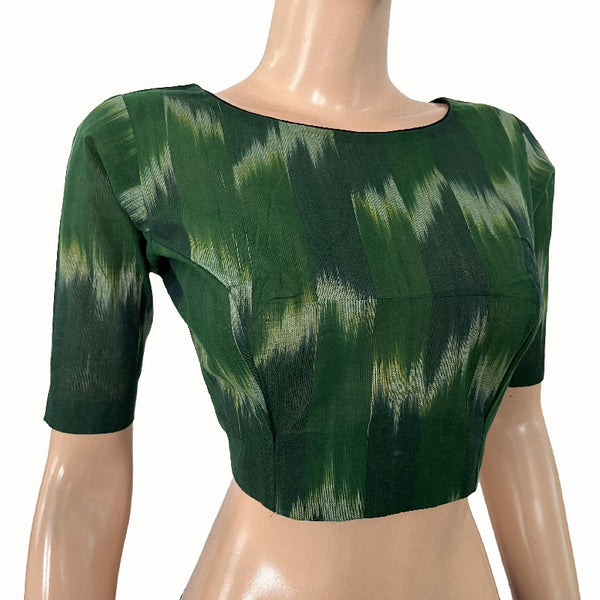 Mangalgiri  Tie-dye Cotton Boat neck Blouse,  Backopen, Green,  BH1241