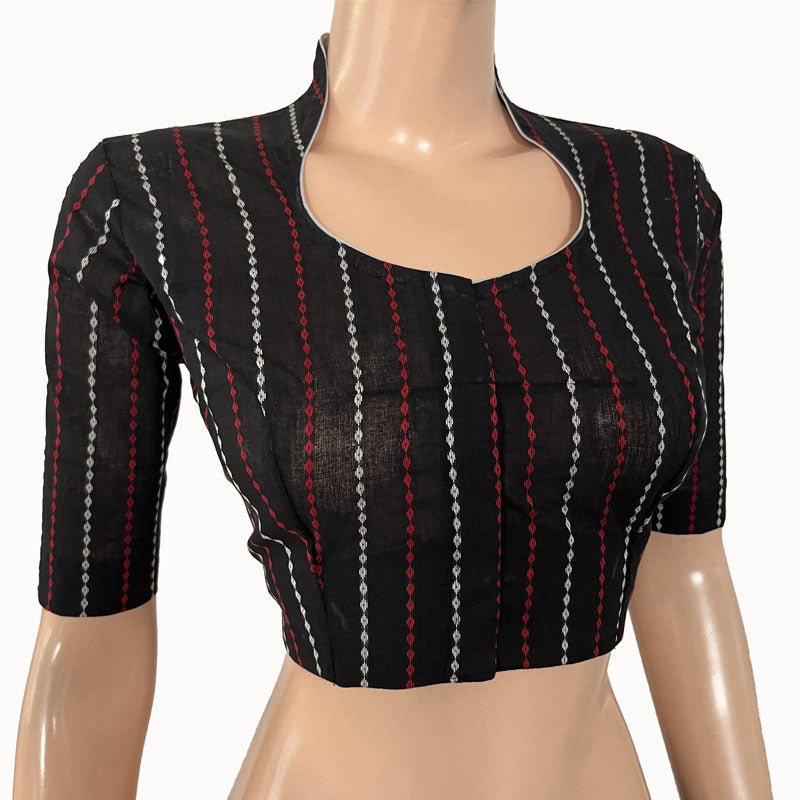 Handloom Jacquard Cotton Striped High neck Blouse,  Black,  BH1243