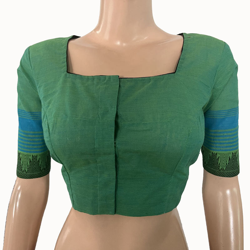 Mangalgiri  Cotton Square neck Blouse with Woven Thread Border & Lining,  Pista Green,  BH1244
