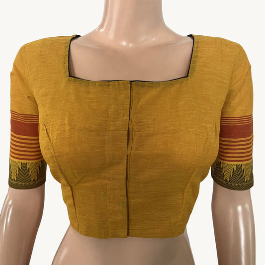 Mangalgiri  Cotton Square neck Blouse with Woven Thread Border,   Yellow,  BH1246