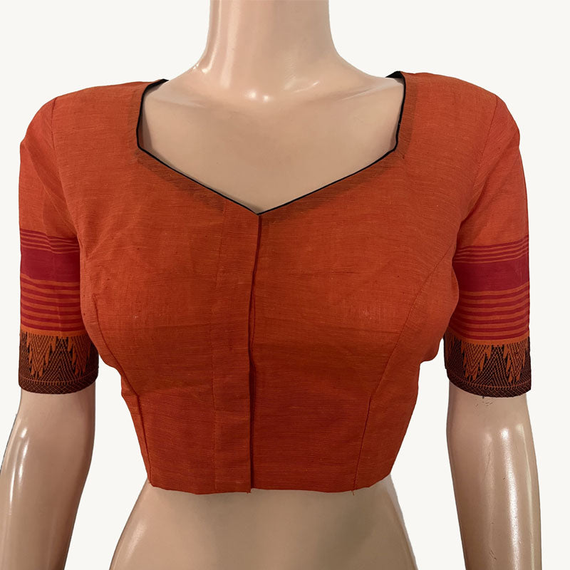 Mangalgiri  Cotton Sweetheart neck Blouse with Woven Thread Border & Lining,  Orange,  BH1247