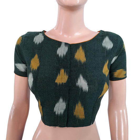 Ikat Cotton Boatneck Blouse with Potli Button Details, Bottle Green, BI1132