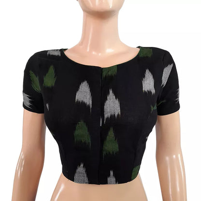 Ikat Cotton Boatneck Blouse With Potli Button Details,Black,BI1133