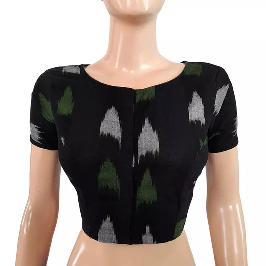 Ikat Cotton Boatneck Blouse With Potli Button Details,Black,BI1133