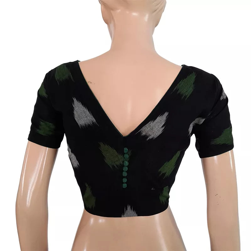 Ikat Cotton Boatneck Blouse With Potli Button Details,Black,BI1133