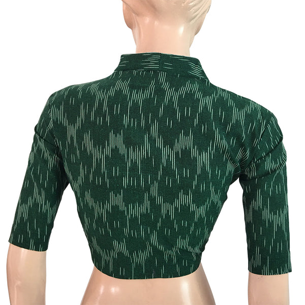 Ikat Cotton Highneck Blouse, Bottle Green, BI1135