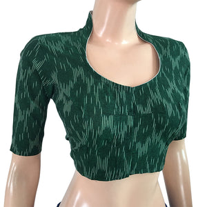 Ikat Cotton Highneck Blouse, Bottle Green, BI1135