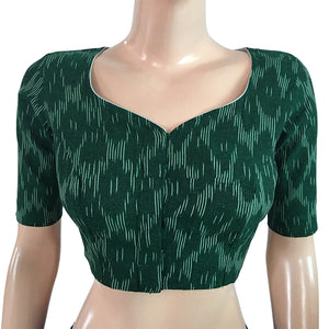 Ikat Cotton Y neck Blouse, Bottle Green, BI1136