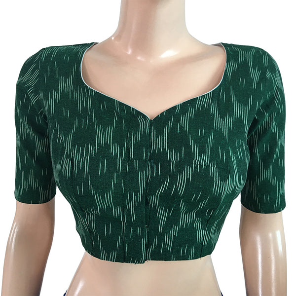 Ikat Cotton Y neck Blouse, Bottle Green, BI1136