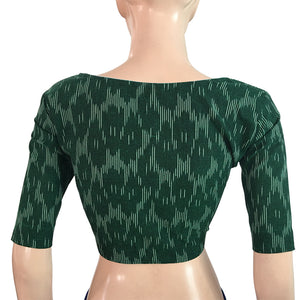Ikat Cotton Y neck Blouse, Bottle Green, BI1136