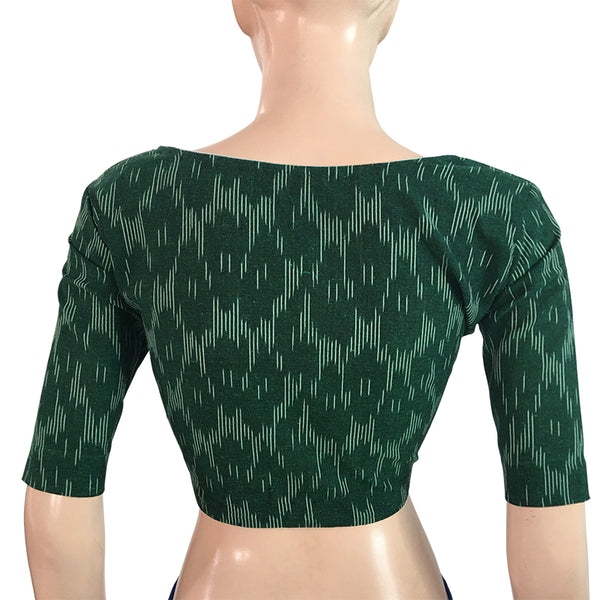 Ikat Cotton Y neck Blouse, Bottle Green, BI1136