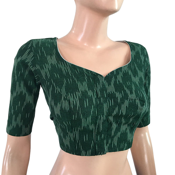 Ikat Cotton Y neck Blouse, Bottle Green, BI1136