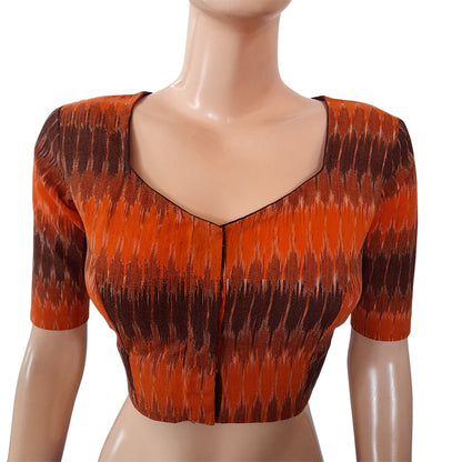 Ikat Cotton Sweetheart neck Blouse, Orange - brown, BI1155