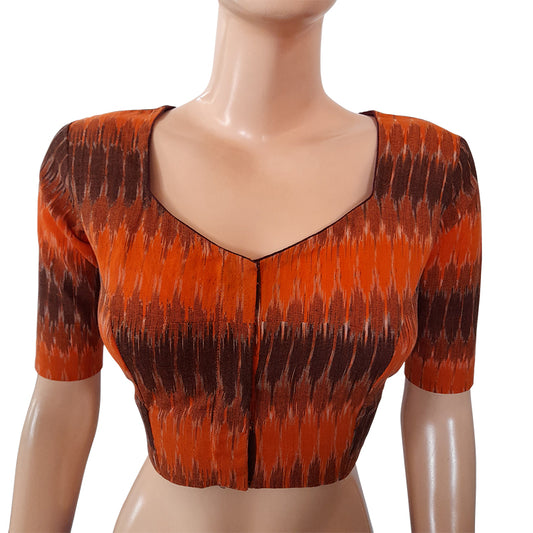 Ikat Cotton Sweetheart neck Blouse, Orange - brown, BI1155