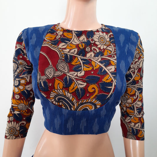 Ikat – Kalamkari Cotton Close Neck Blouse, Backopen, Blue – Red, BI1158