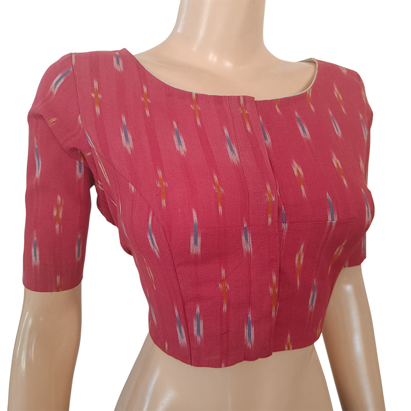 Ikat Cotton Boat neck Blouse, Coral Red, BI1160