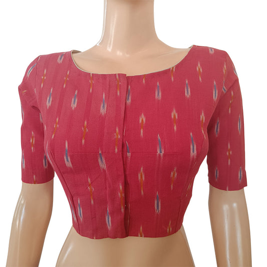 Ikat Cotton Boat neck Blouse, Coral Red, BI1160