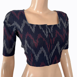 Ikat Cotton Square neck Blouse,  Navy blue, BI1161