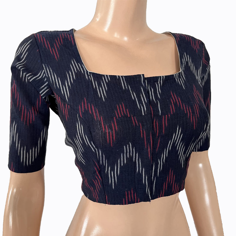 Ikat Cotton Square neck Blouse,  Navy blue, BI1161