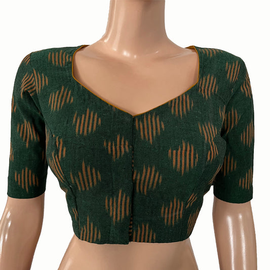 Ikat Cotton Sweetheart neck Blouse,  Bottle Green,  BI1162