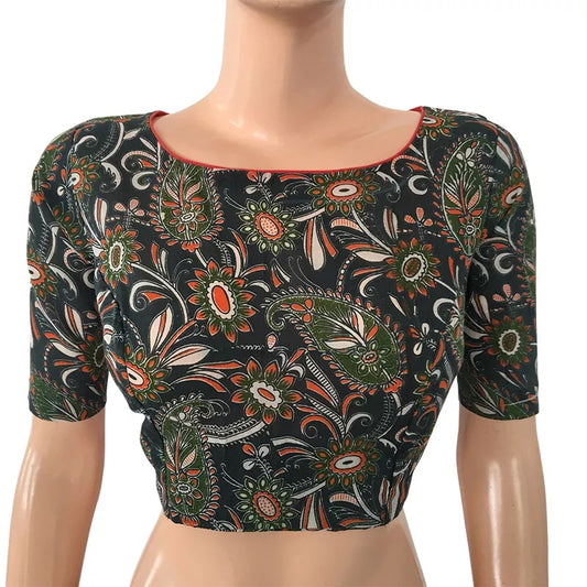Kalamkari  Cotton  Boat neck Blouse with Keyhole Back, Backopen,  Multicolor,  BK1155