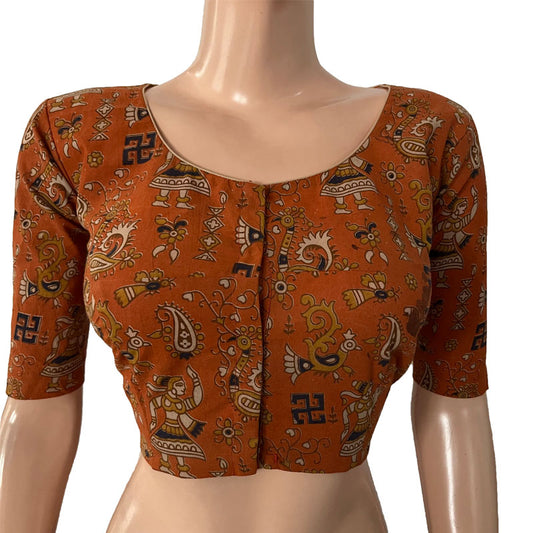 Kalamkari  Cotton  Round neck Blouse,  Orange,  BK1258