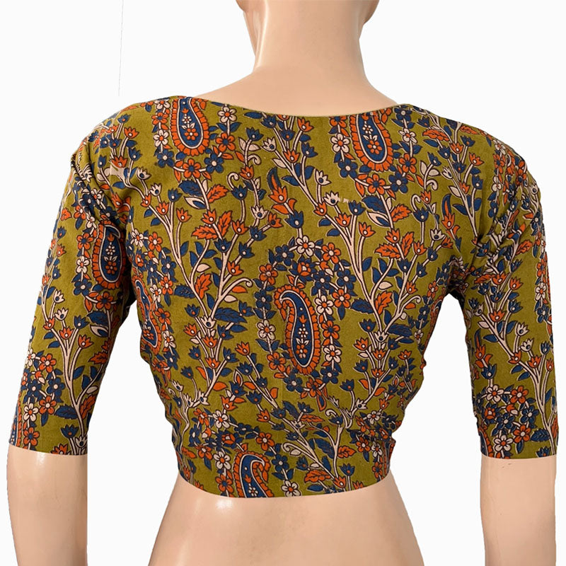 Kalamkari  Cotton  Pot neck Blouse,  Olive Green,  BK1263