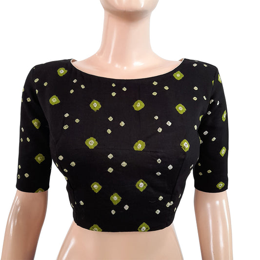 Bandhani Tie-Dye Boatneck Blouse with Lining,  Backopen, Greenish black, BP1124