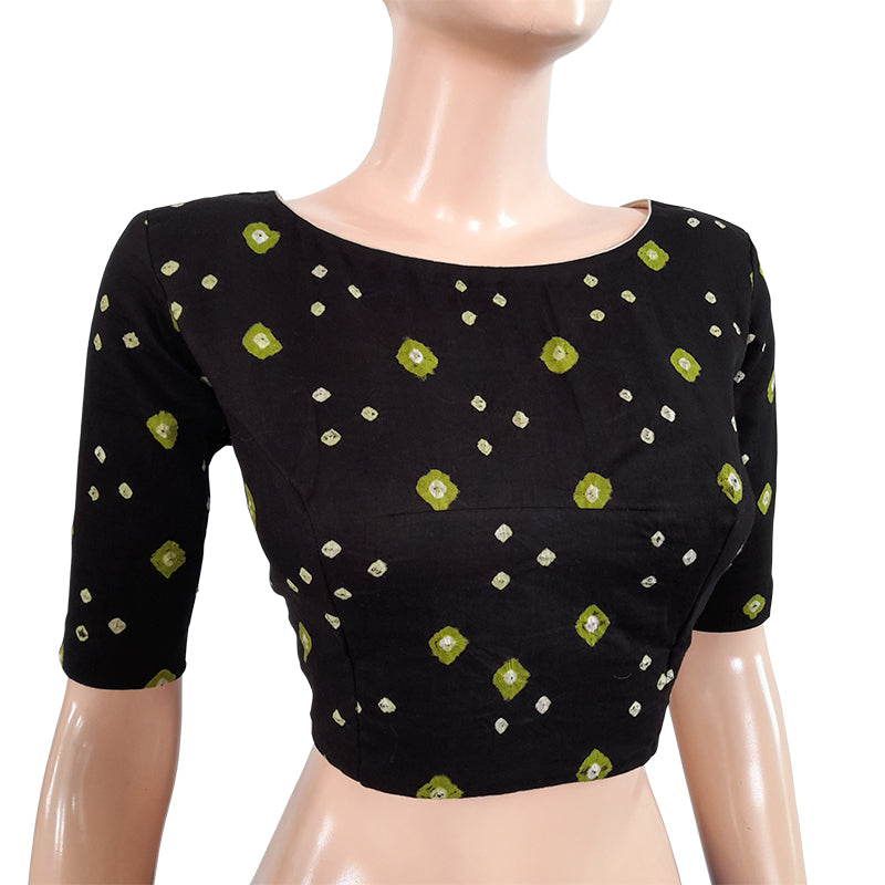 Bandhani Tie-Dye Boatneck Blouse with Lining,  Backopen, Greenish black, BP1124