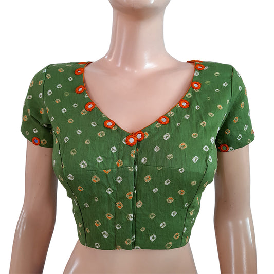 Bandhani Satin Cotton V neck Blouse with Mirror Work Details & Lining, Olive Green, BP1134