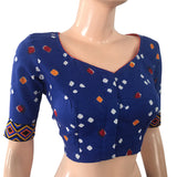 Bandhani Satin Cotton Y neck Blouse with Phoolkari Lace Border & Lining, Blue, BP1136