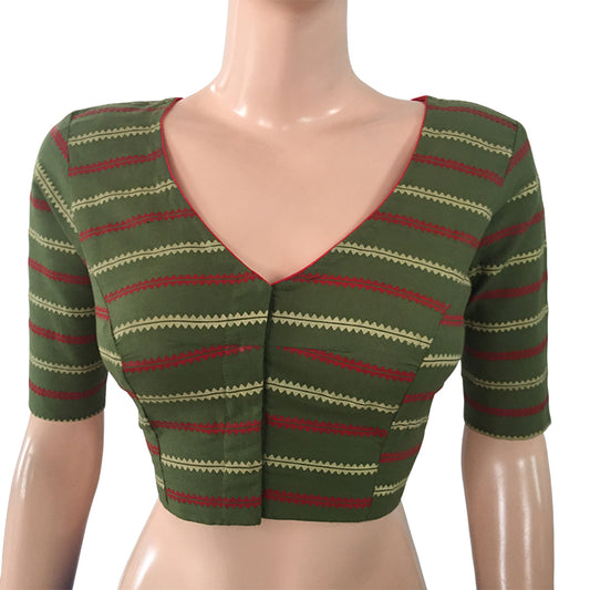 Jaipur Printed Cotton V neck Blouse, Striped, Olive Green, BP1141